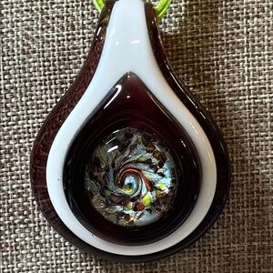 Artisan glass pendant on green ribbon chain, stunning!